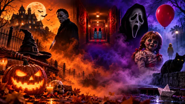 Montage Halloween aux couleurs orange et violet réunissant des personnages emblématiques de films d'horreur comme Halloween, Scream, Shining, Ça et Annabelle, avec une citrouille illuminée.